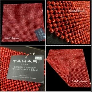 4 TAHARI RED Shimmer Luxe Square Beaded Cristmas Placemats Chargers NEW